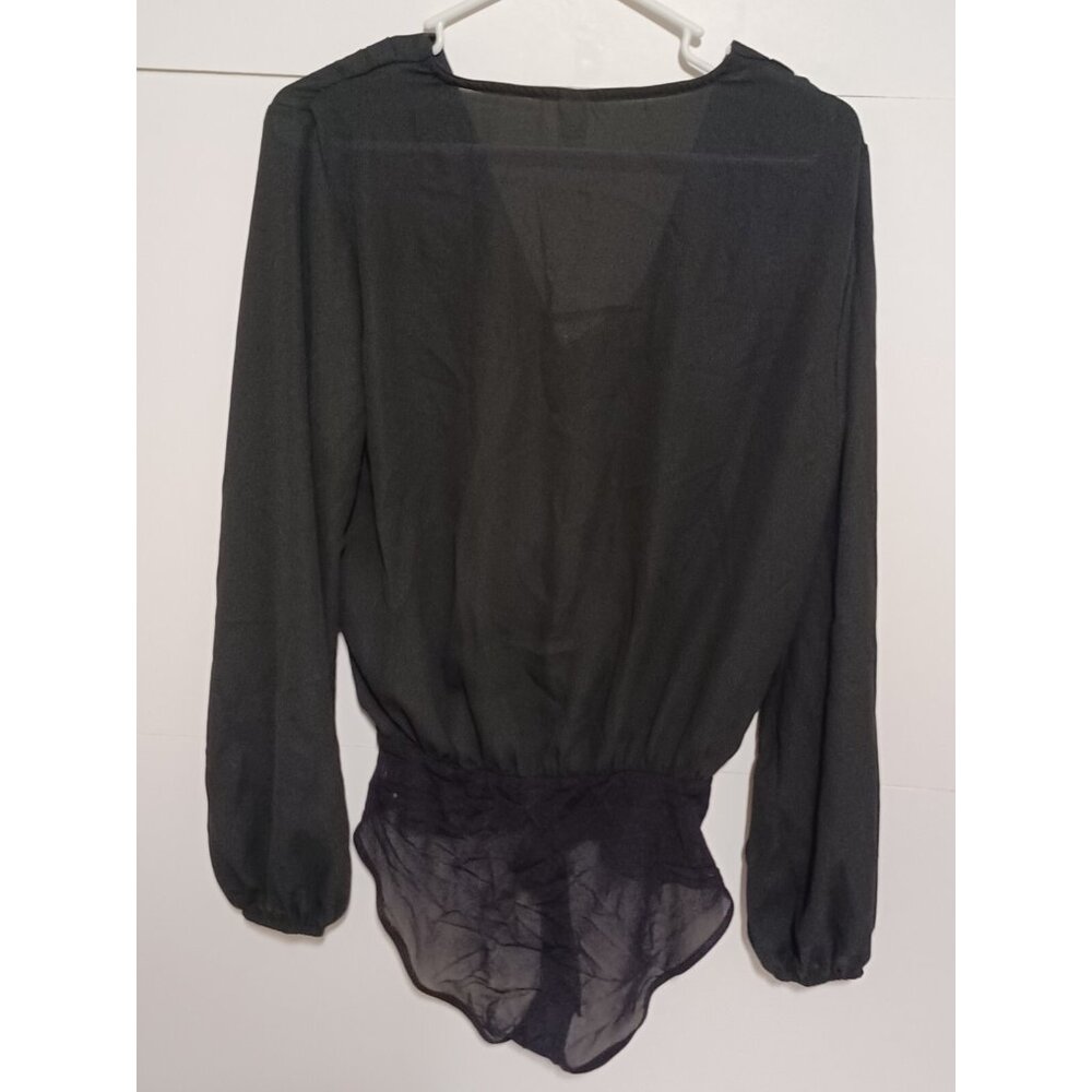 Verdusa Women's Long Sleeve Wrap V Neck Leotard Blouse Bodysuit BlackSolid L - Picture 5 of 5